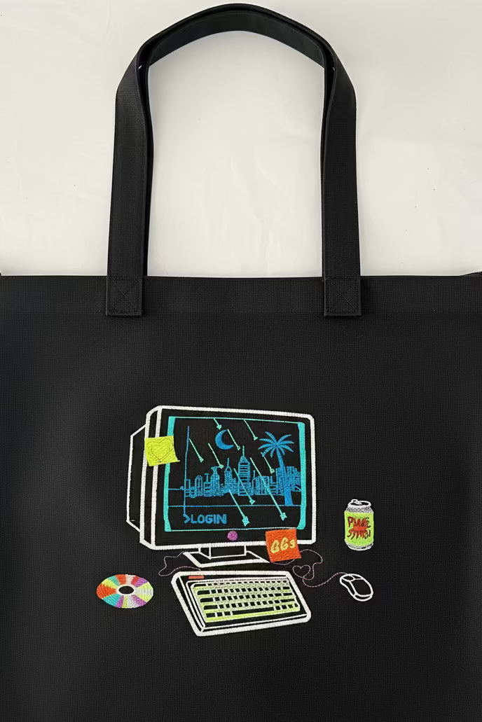90s PC LA Gamer cyberpunk neon themed tote bag